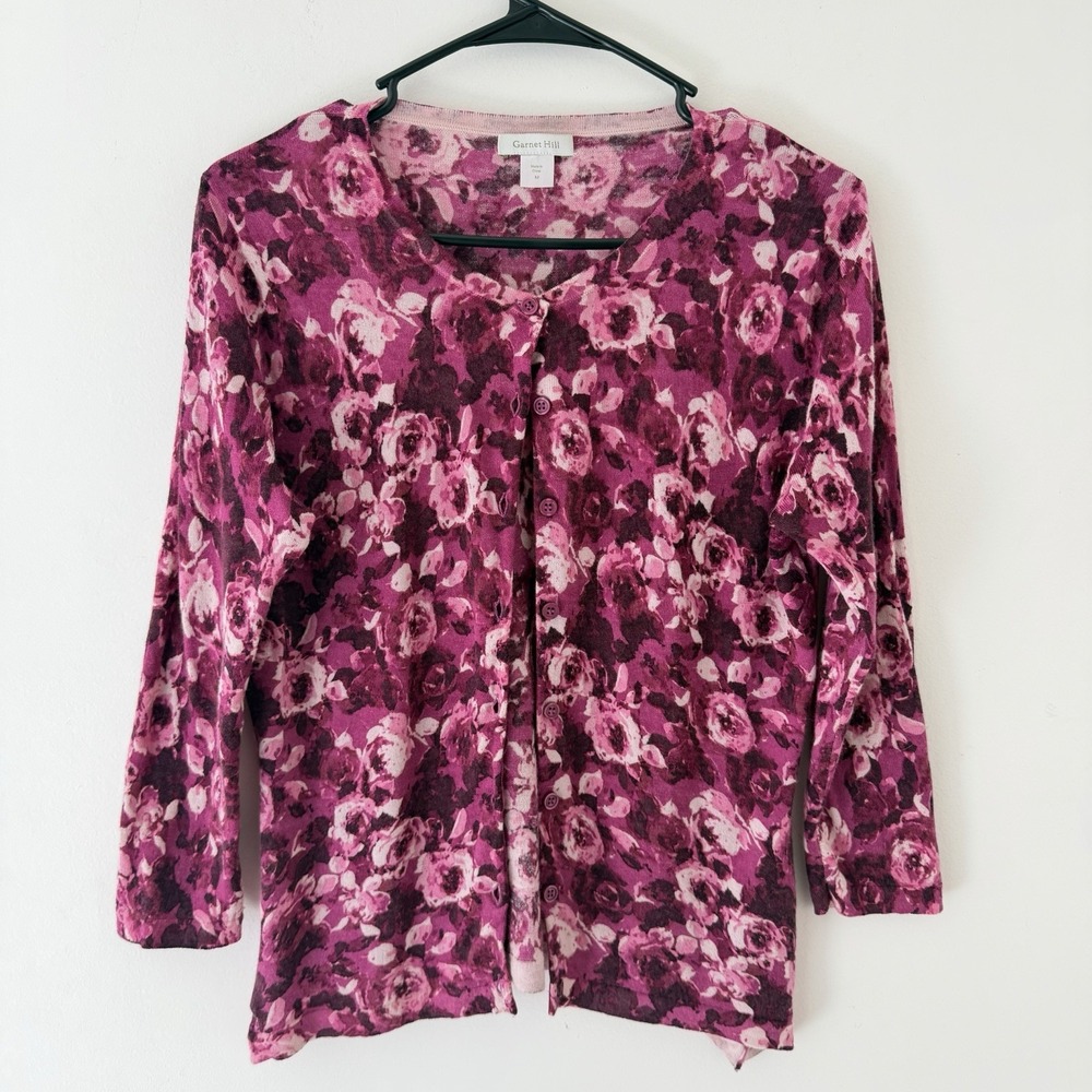 Garnet Hill Womens Cardigan M 100% Merino Wool Pink Floral‎ Button Up Sweater